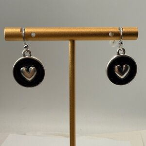 Black Enamel Heart Drop Earrings Silver Tone Romantic Gift
